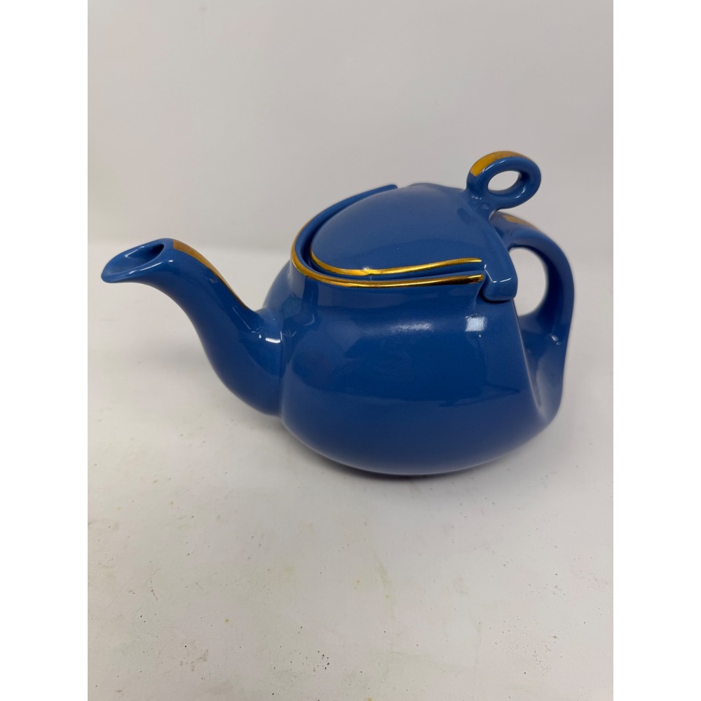 Hall China 0326 Cobalt Blue 6 Cup Teapot with Gold Trim Made in USA Vintage MCM
